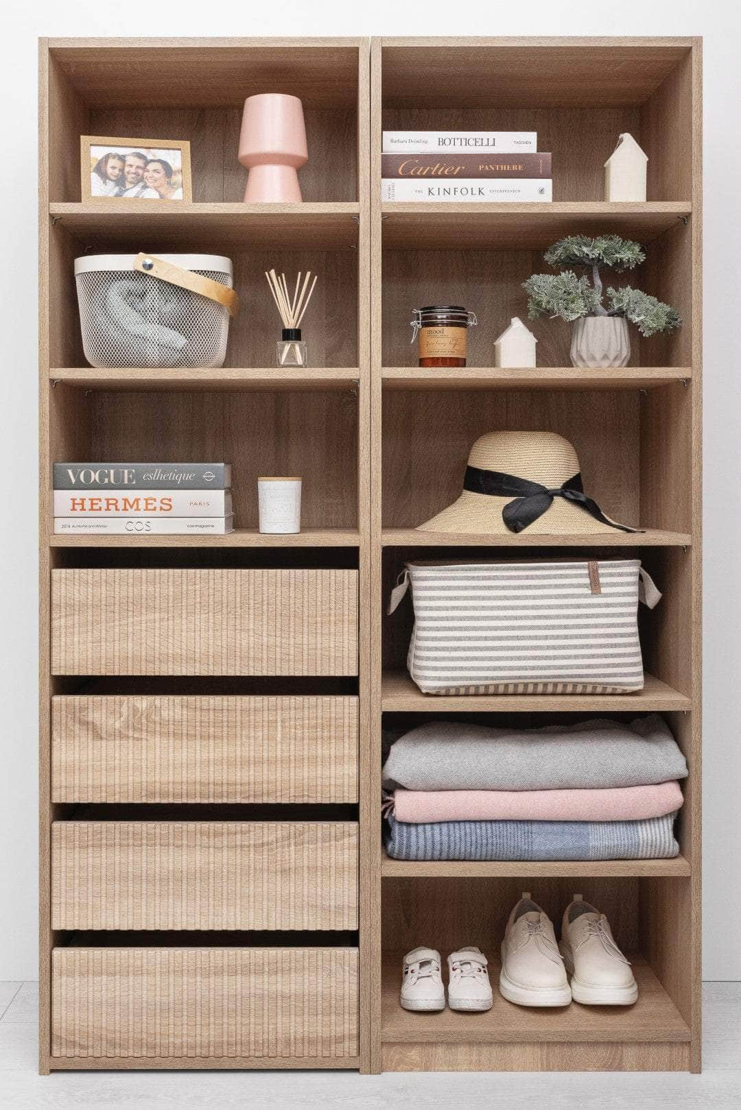 Three Shelf/Four Drawer Built In Wardrobe - Classic/ Nordic Ash/Fluted/Hamptons/Natural Oak