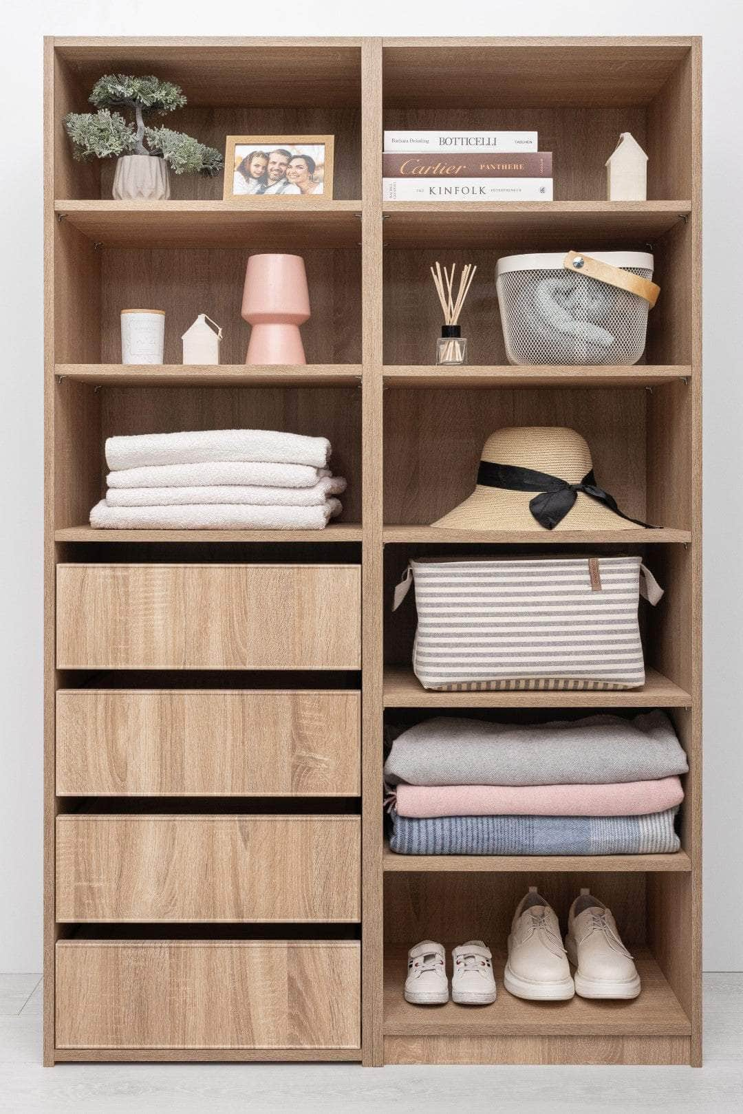 Three Shelf/Four Drawer Built In Wardrobe - Classic/ Nordic Ash/Fluted/Hamptons/Natural Oak