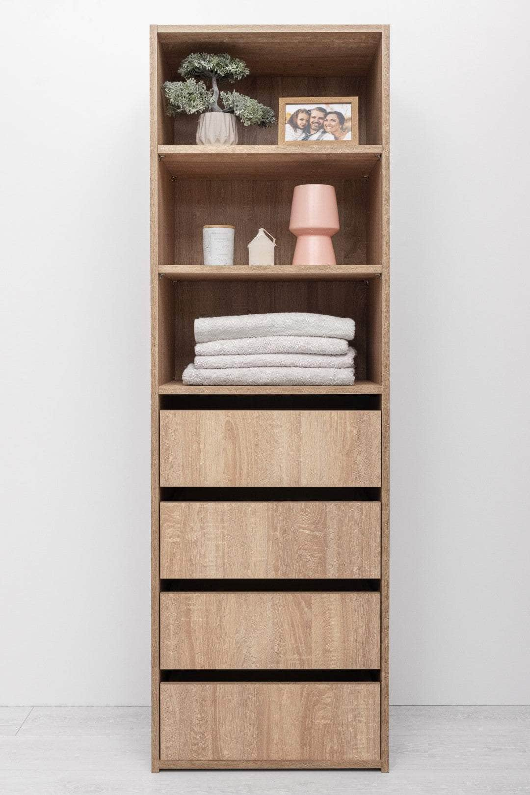 Three Shelf/Four Drawer Built In Wardrobe - Classic/ Nordic Ash/Fluted/Hamptons/Natural Oak