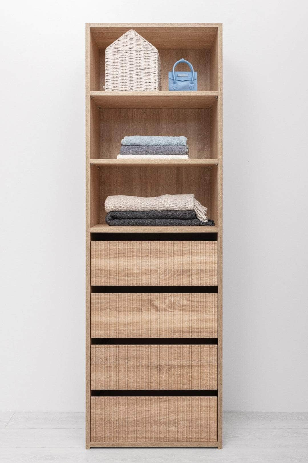 Three Shelf/Four Drawer Built In Wardrobe - Classic/ Nordic Ash/Fluted/Hamptons/Natural Oak