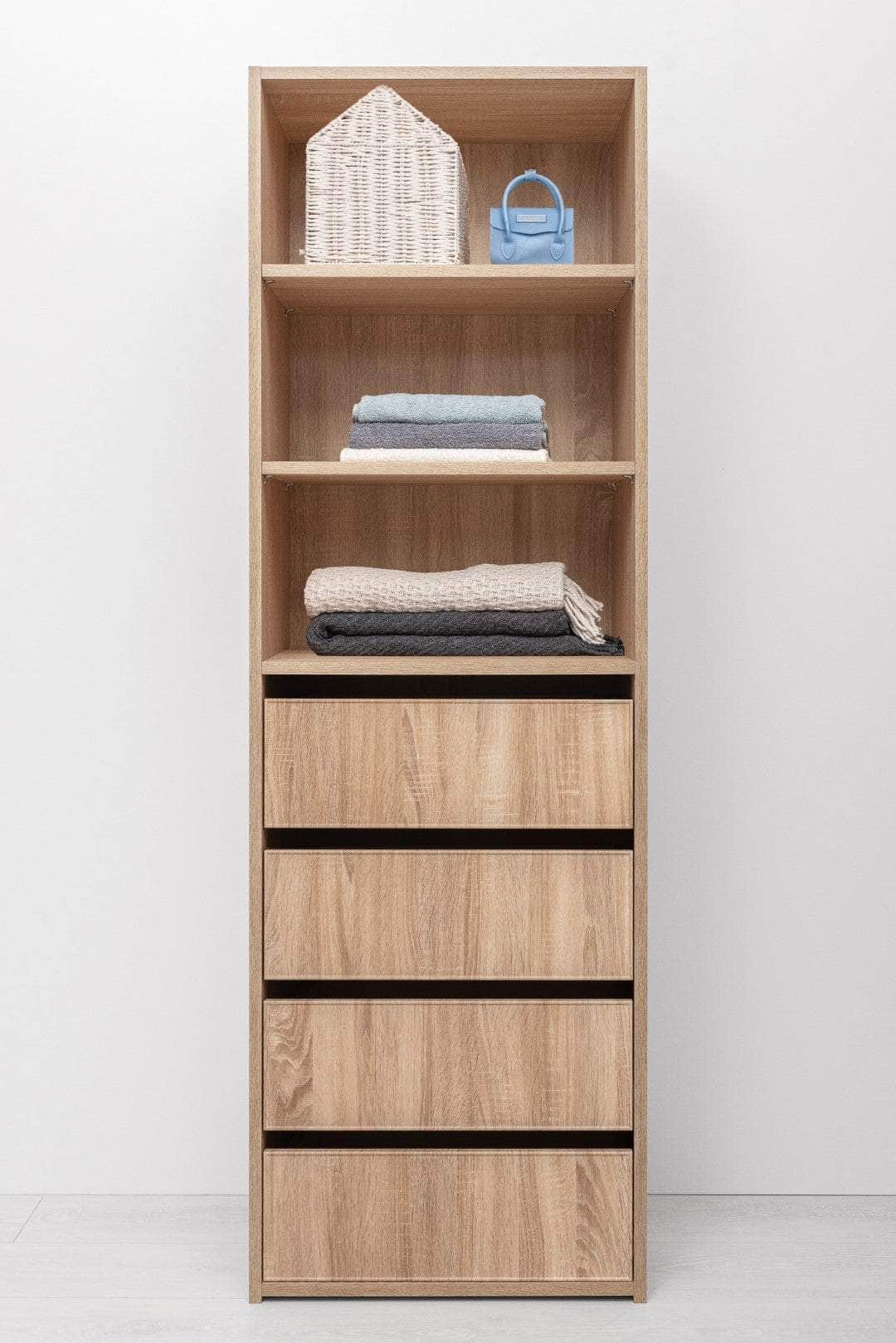 Three Shelf/Four Drawer Built In Wardrobe - Classic/ Nordic Ash/Fluted/Hamptons/Natural Oak