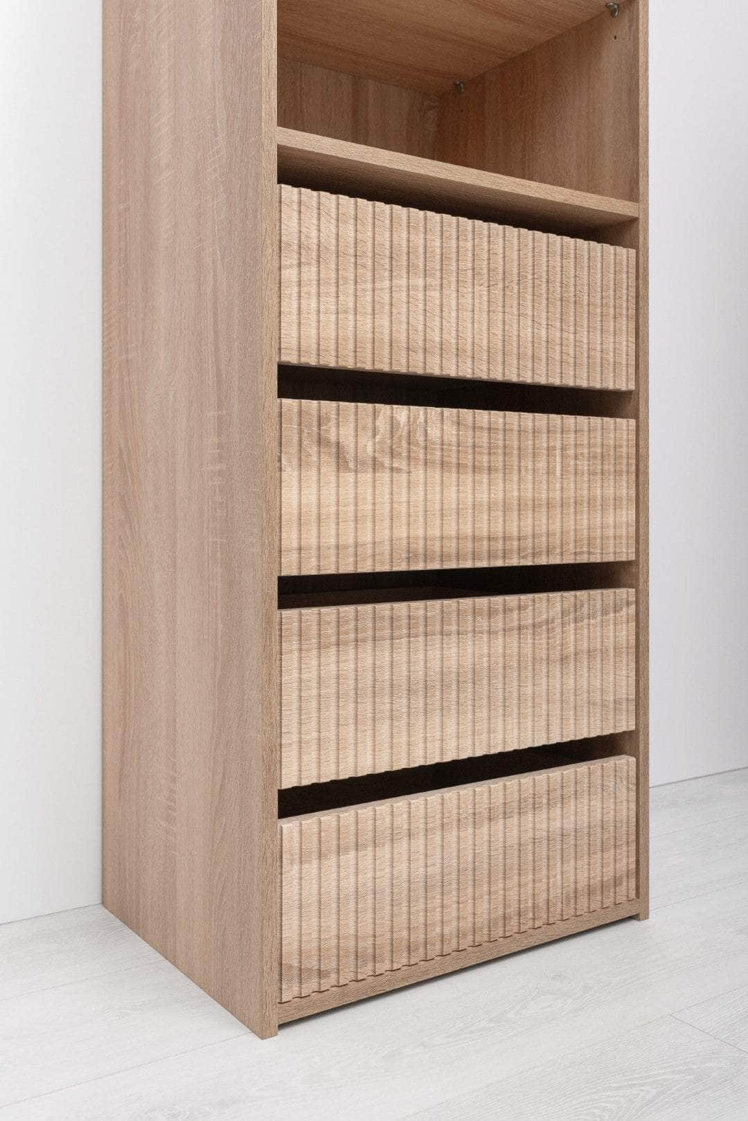 Three Shelf/Four Drawer Built In Wardrobe - Classic/ Nordic Ash/Fluted/Hamptons/Natural Oak