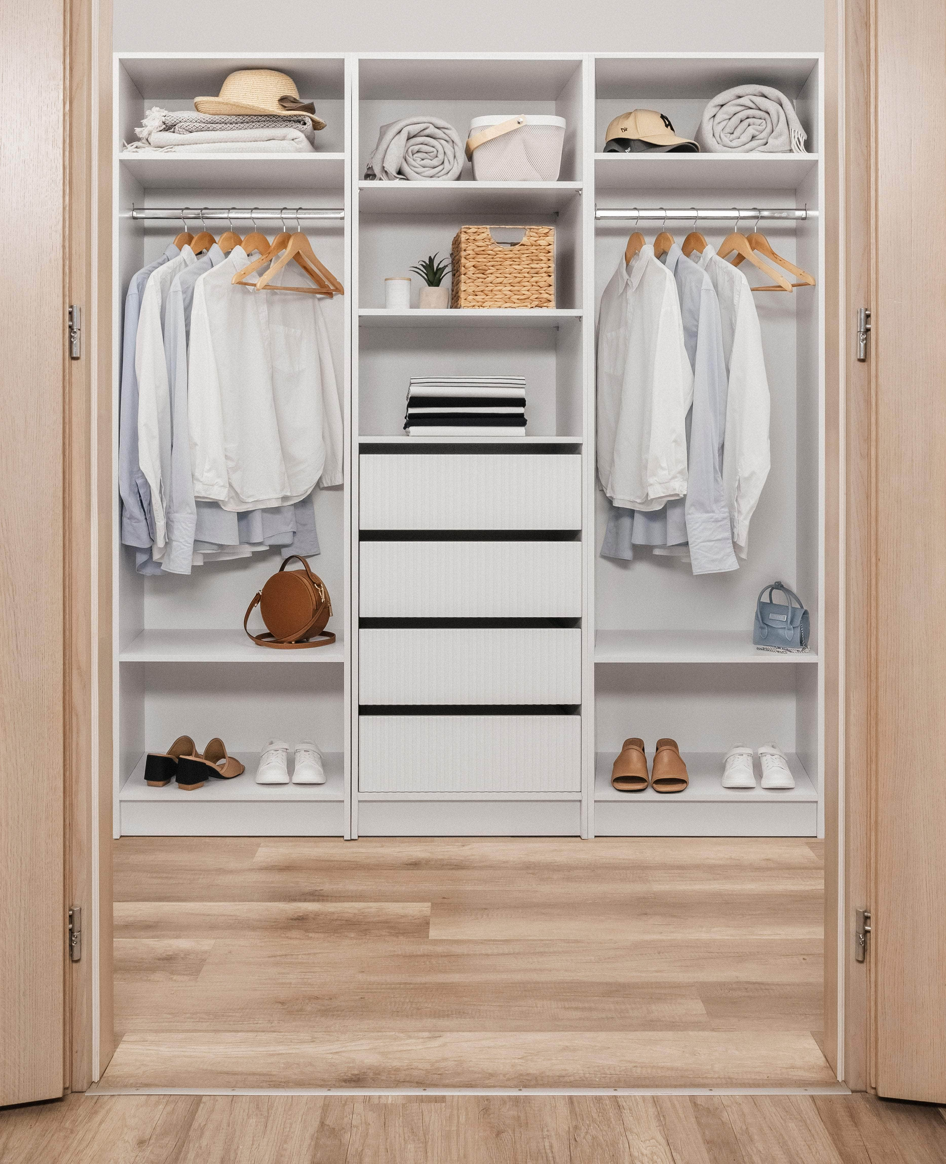 Three Shelf/Four Drawer Walk In Wardrobe - Classic/ Nordic Ash/Fluted/Hamptons/Natural Oak