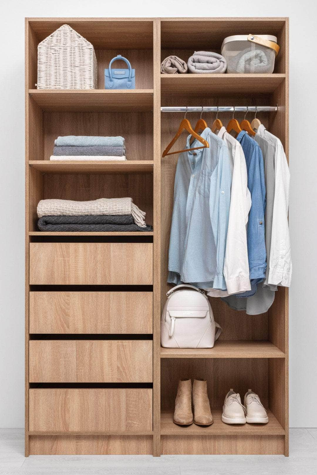 Three Shelf/Four Drawer Walk In Wardrobe - Classic/ Nordic Ash/Fluted/Hamptons/Natural Oak