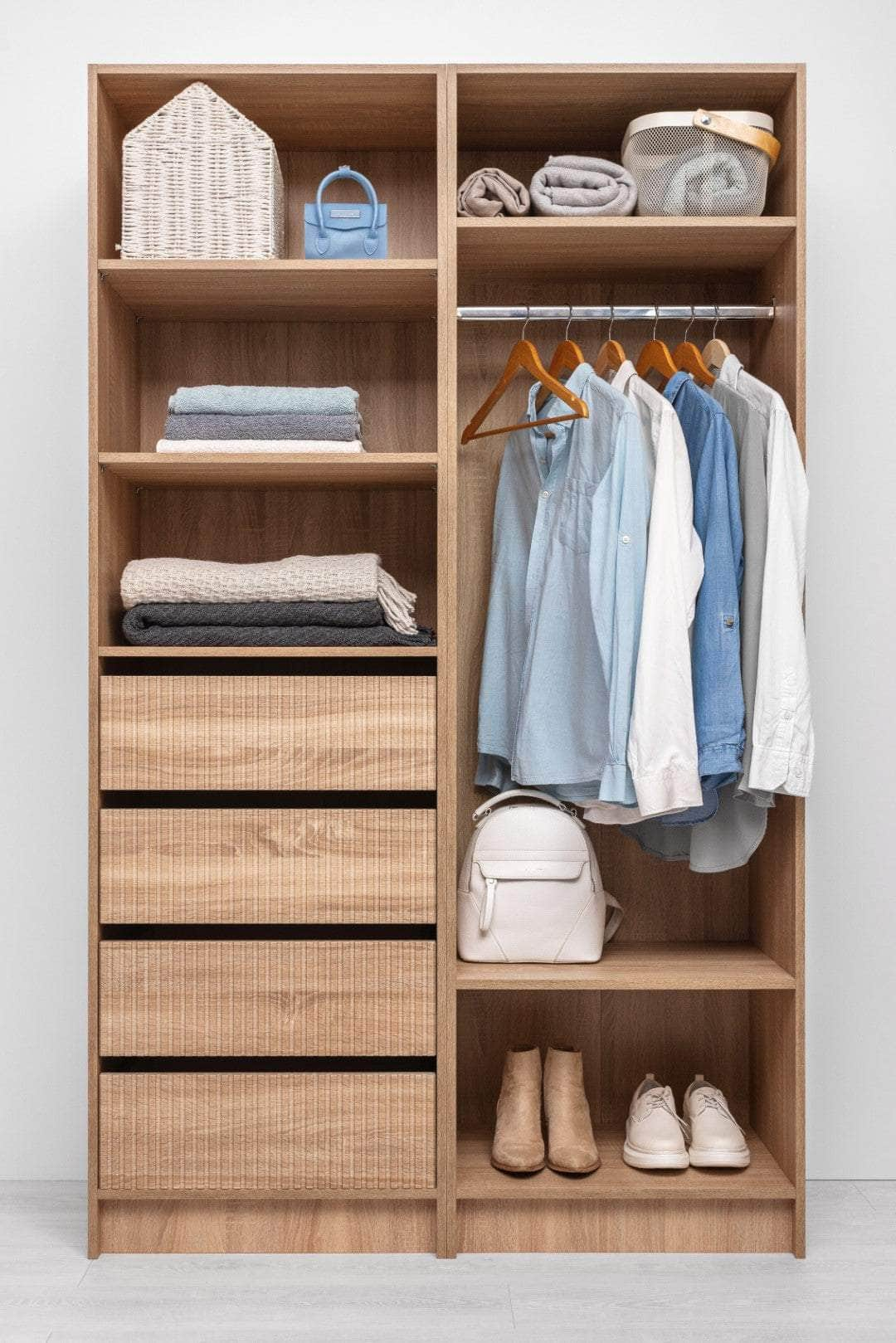 Three Shelf/Four Drawer Walk In Wardrobe - Classic/ Nordic Ash/Fluted/Hamptons/Natural Oak