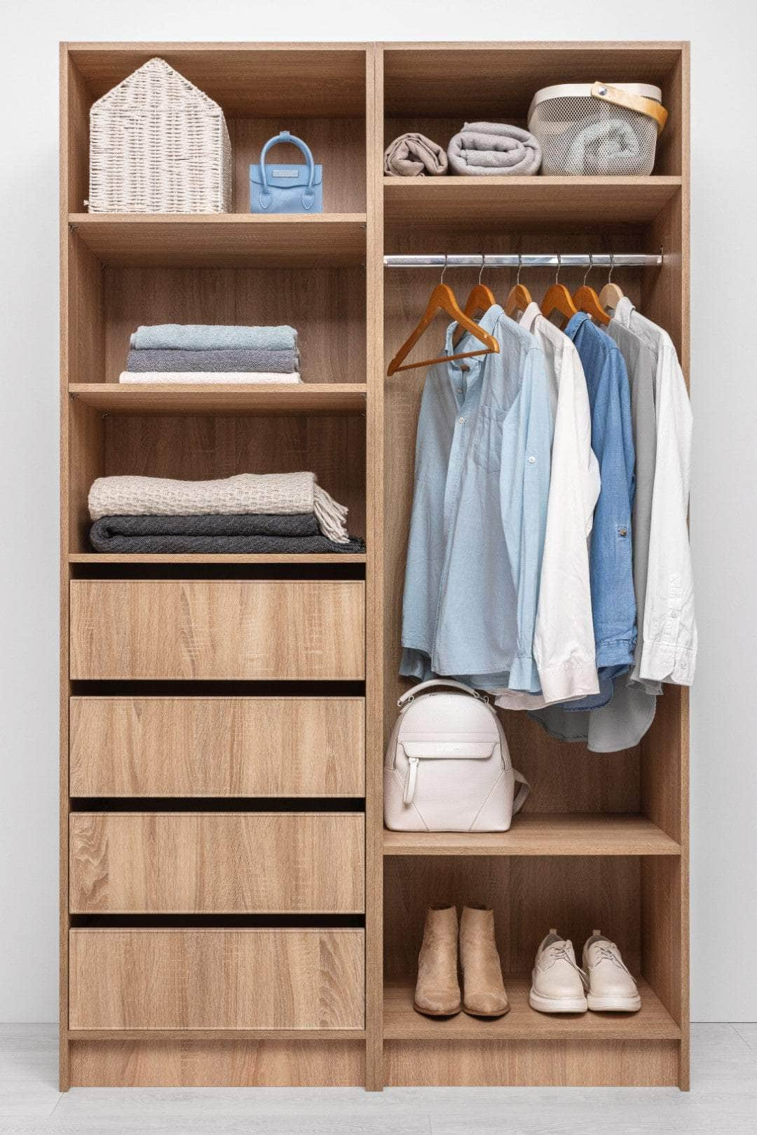 Three Shelf/Four Drawer Walk In Wardrobe - Classic/ Nordic Ash/Fluted/Hamptons/Natural Oak