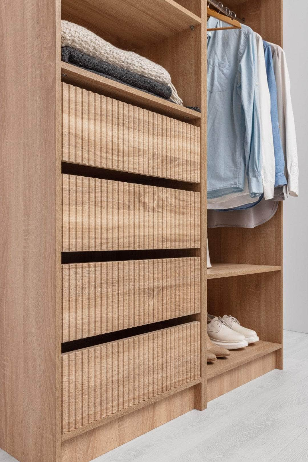 Three Shelf/Four Drawer Walk In Wardrobe - Classic/ Nordic Ash/Fluted/Hamptons/Natural Oak