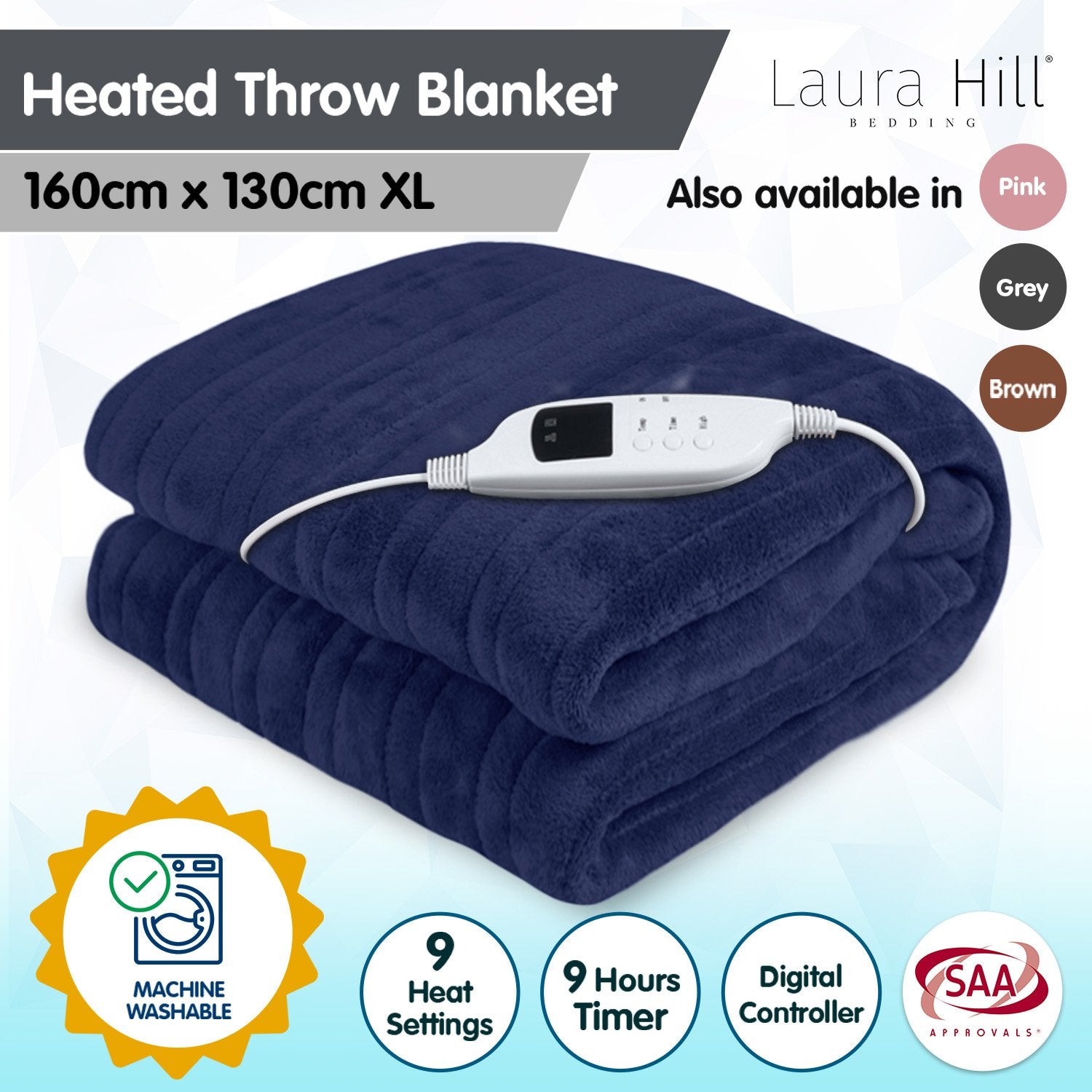 Heated Electric Blanket Coral Warm Fleece Winter Blue