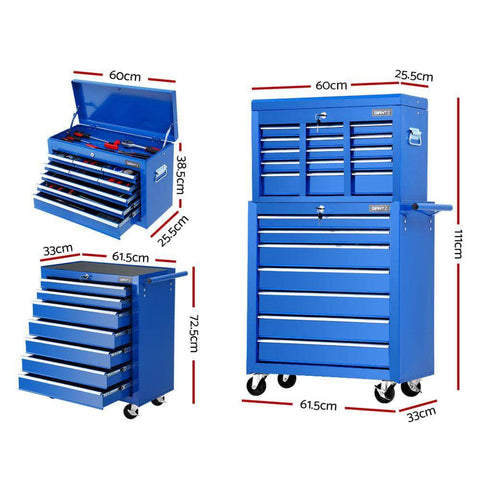 Tool Chest And Trolley Box Cabinet 16 Drawers Cart Garage Storage Blue