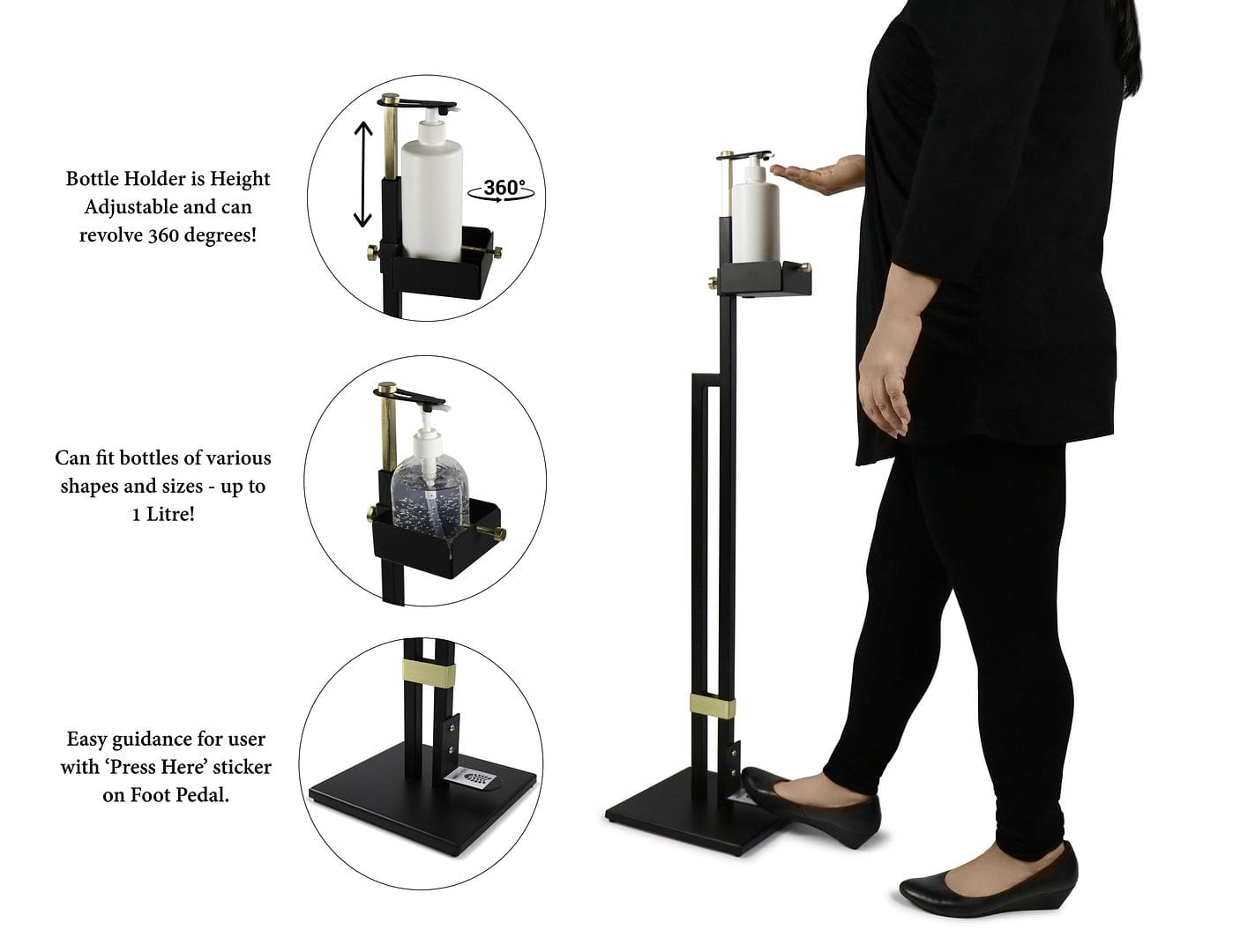 Touch-Free Hand Sanitizer Dispenser Stand - Foot Operated, Gold & Black Finish