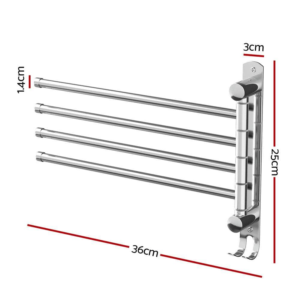 Towel Rail Rack Holder 4 Bars Wall Mounted Stainless Steel Swivel Hook