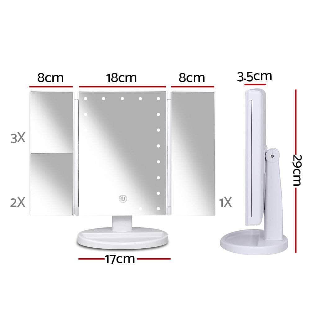 Tri-fold Makeup Mirror 1X2X3X Magnifying with LED Light Travel Portable