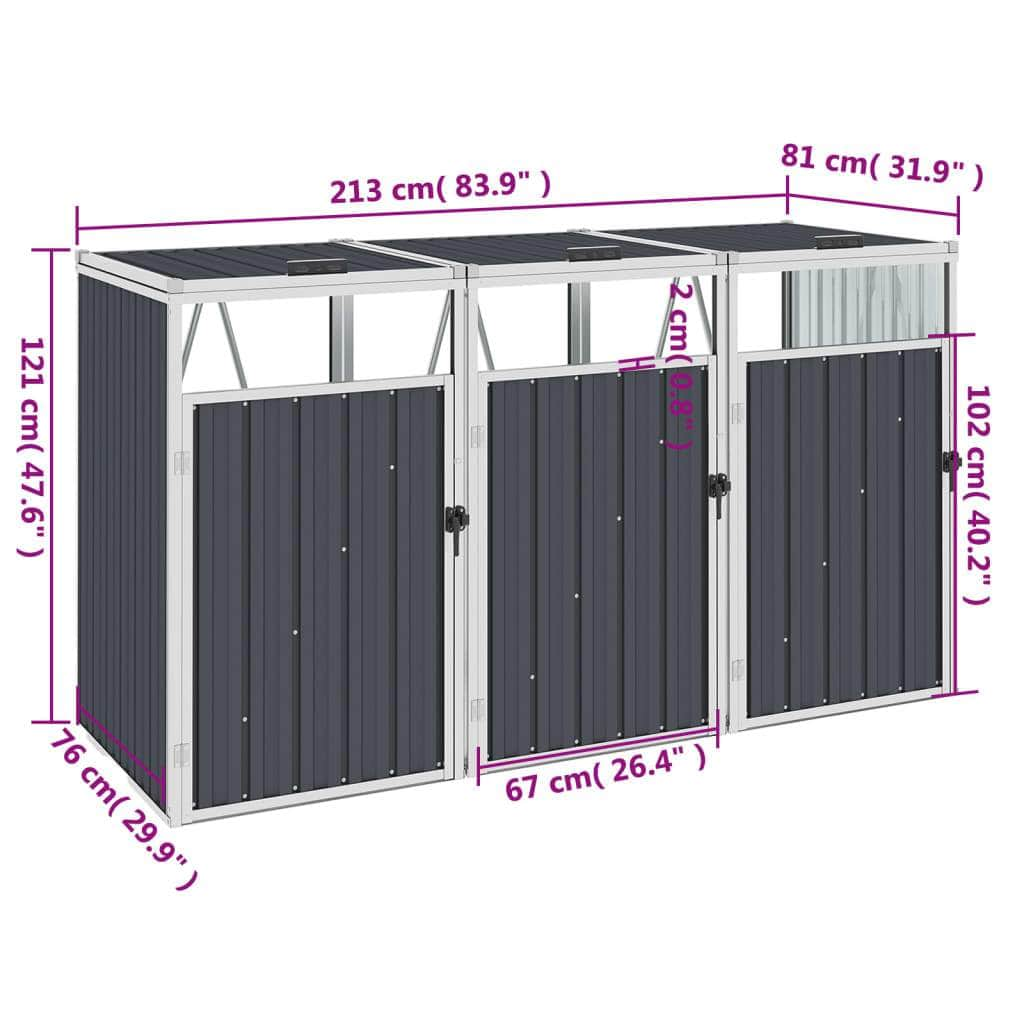 Triple Garbage Bin Shed Anthracite Steel