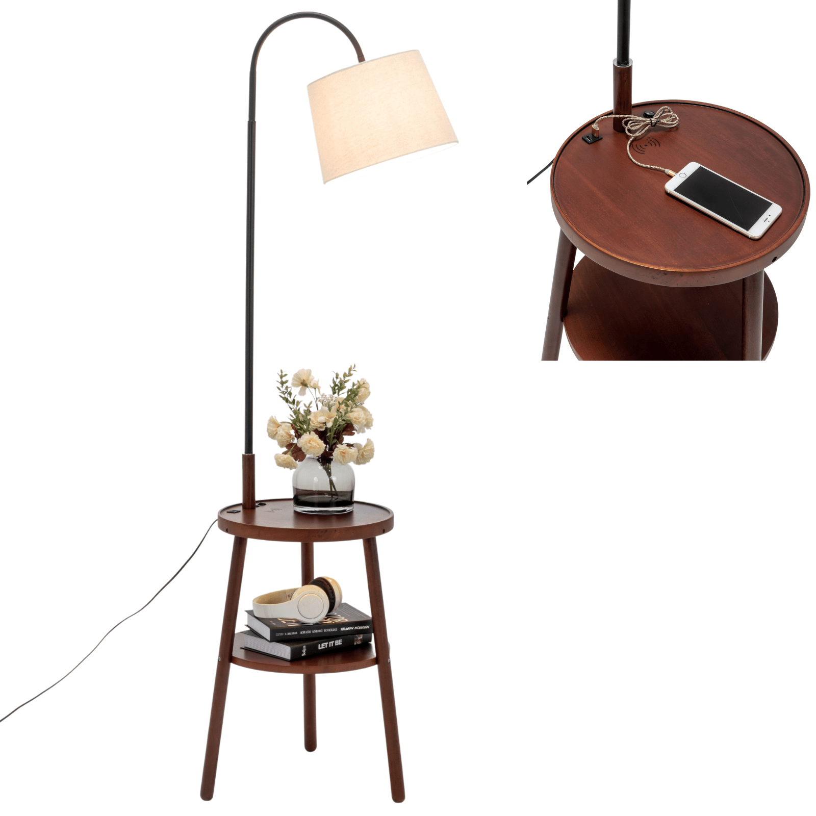 Tripod Floor Lamp Side Table With Shelf & Usb Charger