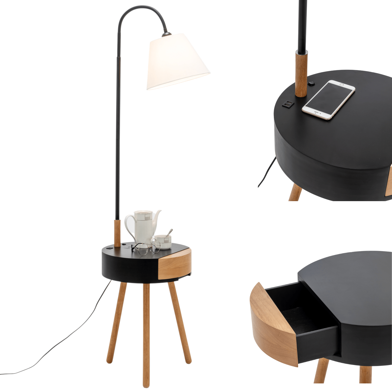 Tripod Lamp With Shelf & Usb Charger