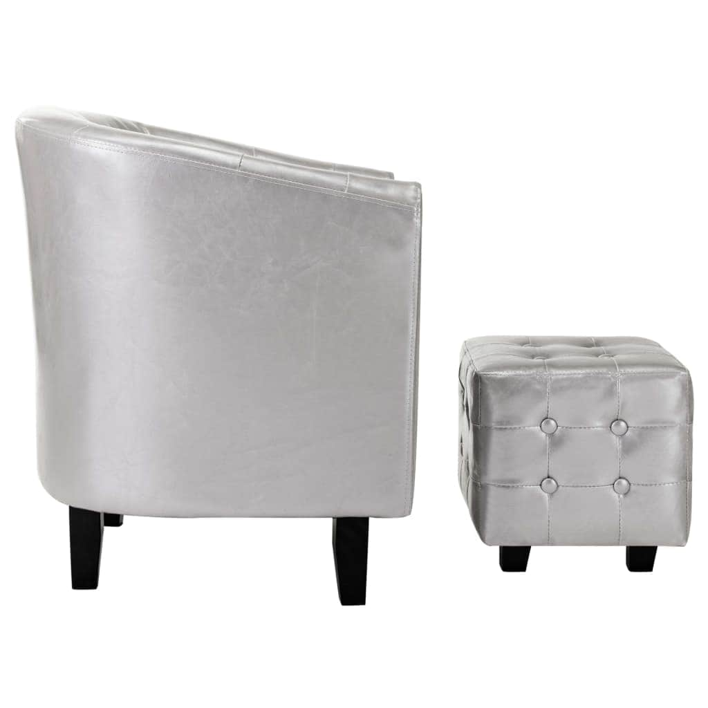 Tub Chair with Footstool Silver faux Leather