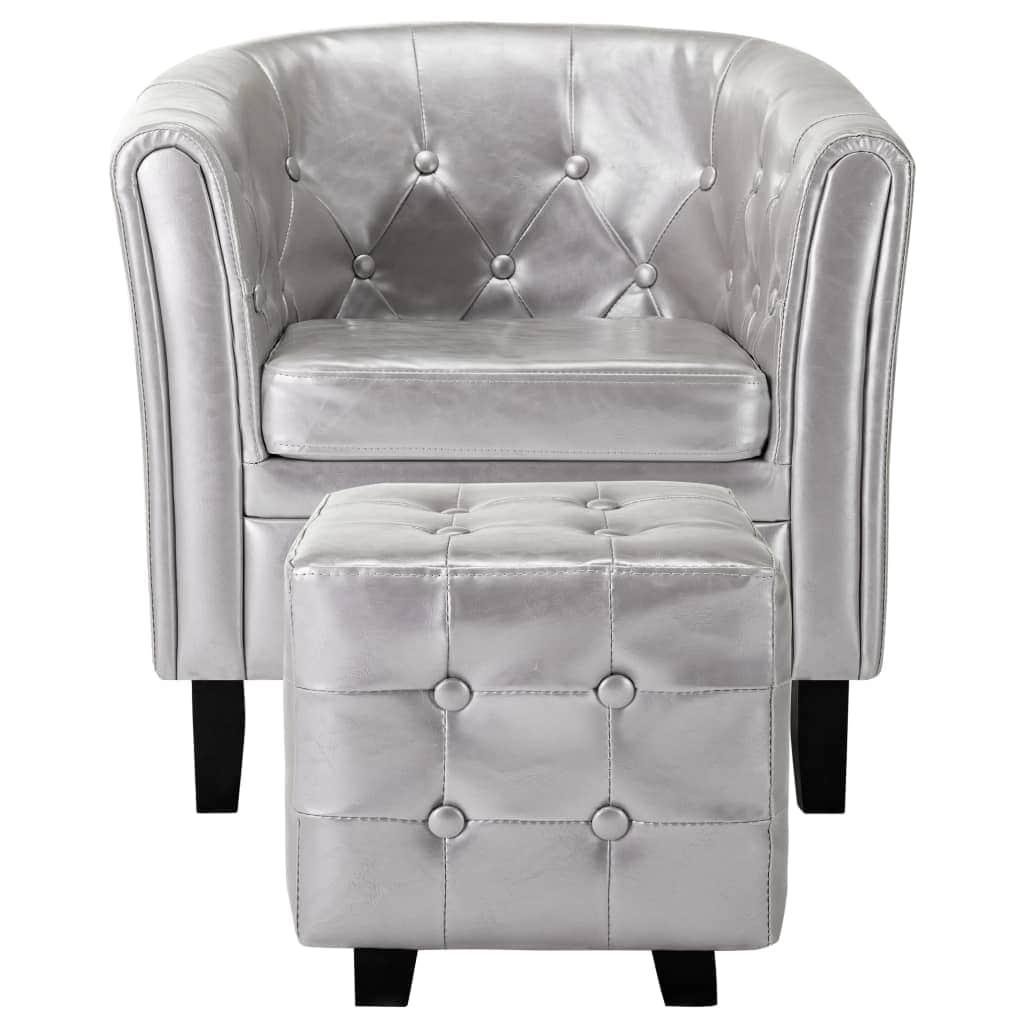 Tub Chair with Footstool Silver faux Leather