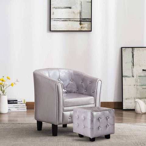 Tub Chair with Footstool Silver faux Leather