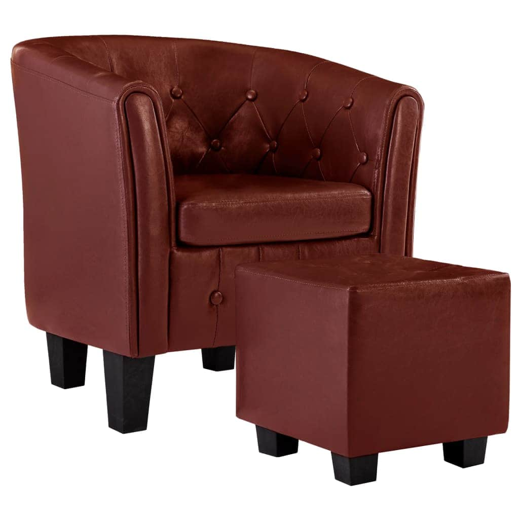 Tub Chair with Footstool Wine Red faux Leather