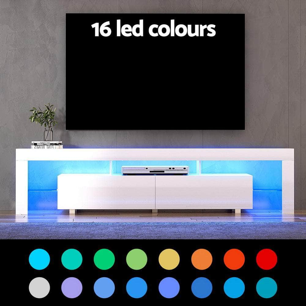 TV Cabinet Entertainment Unit Stand RGB LED Gloss Furniture 200cm White