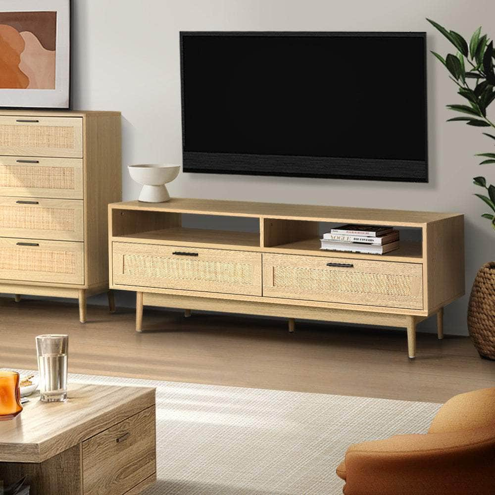 TV Cabinet Entertainment Unit TV Stand Wooden Rattan Storage Drawer 140CM