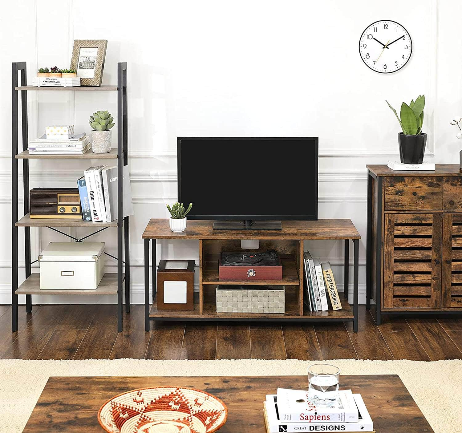 Tv Console Unit With Open Storage Rustic Brown And Black Industrial