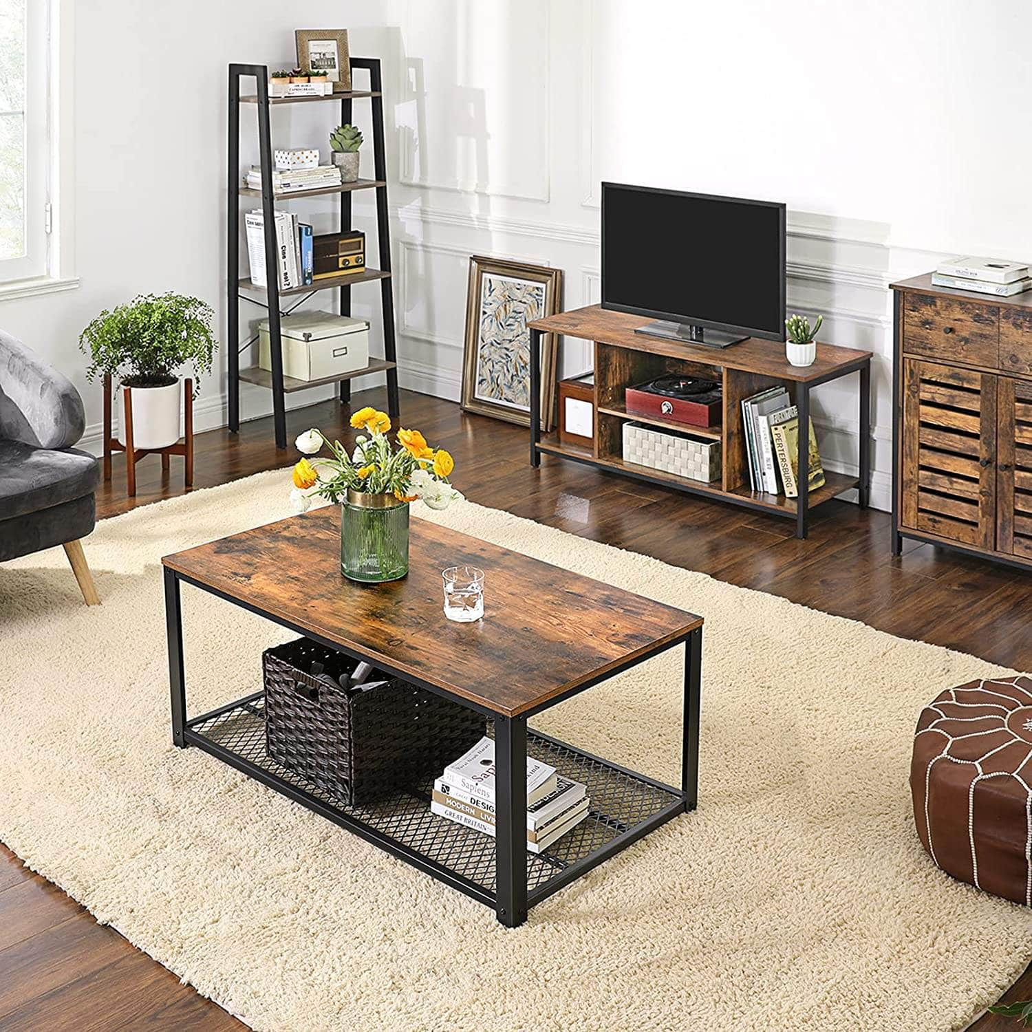 Tv Console Unit With Open Storage Rustic Brown And Black Industrial