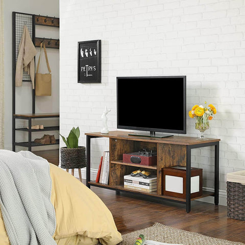 Tv Console Unit With Open Storage Rustic Brown And Black Industrial