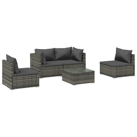 Urban Chic Comfort: 5-Piece Grey Poly Rattan Garden Lounge Set with Cushions