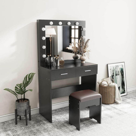 Vanity Set With Cushioned Stool And Lighted Mirror- Black