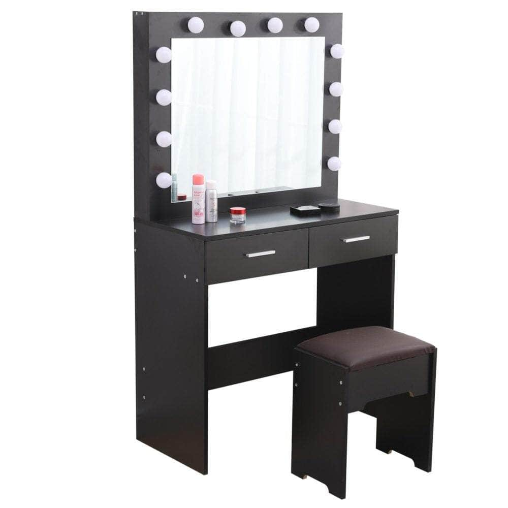 Vanity Set With Cushioned Stool And Lighted Mirror- Black