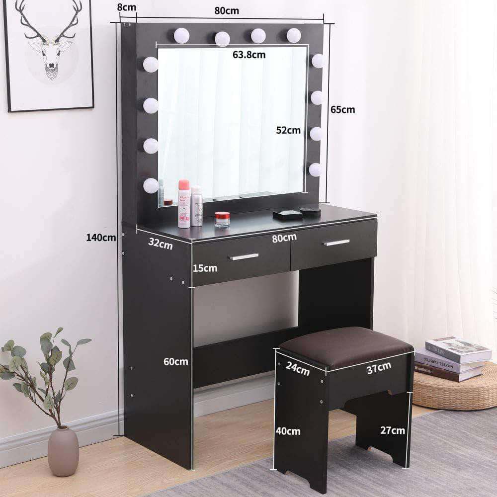 Vanity Set With Cushioned Stool And Lighted Mirror- Black