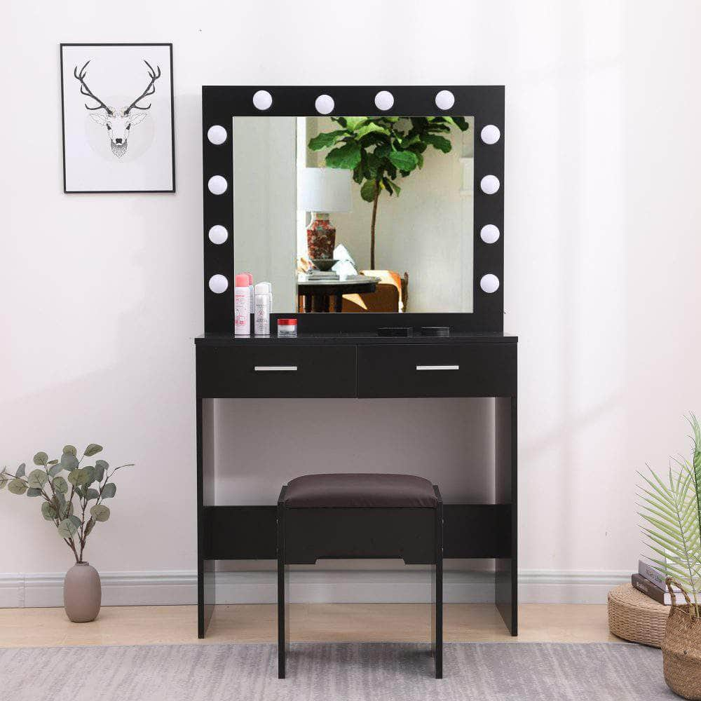 Vanity Set With Cushioned Stool And Lighted Mirror- Black