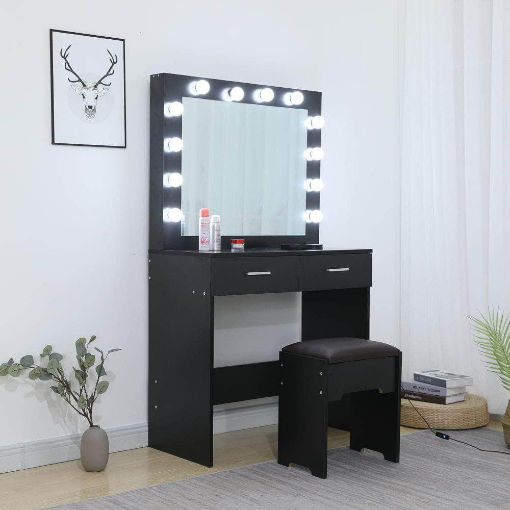 Vanity Set With Cushioned Stool And Lighted Mirror- Black