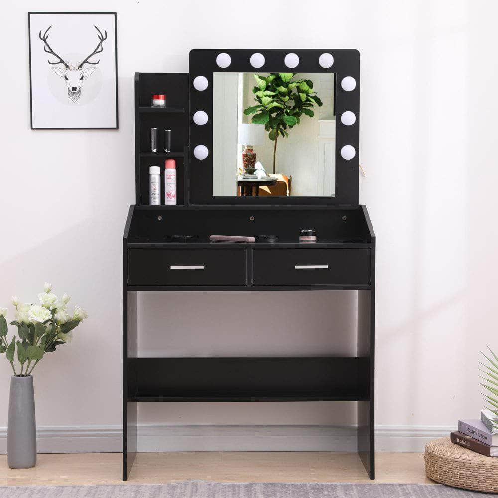 Vanity Set With Shelves Cushioned Stool And Lighted Mirror- Black