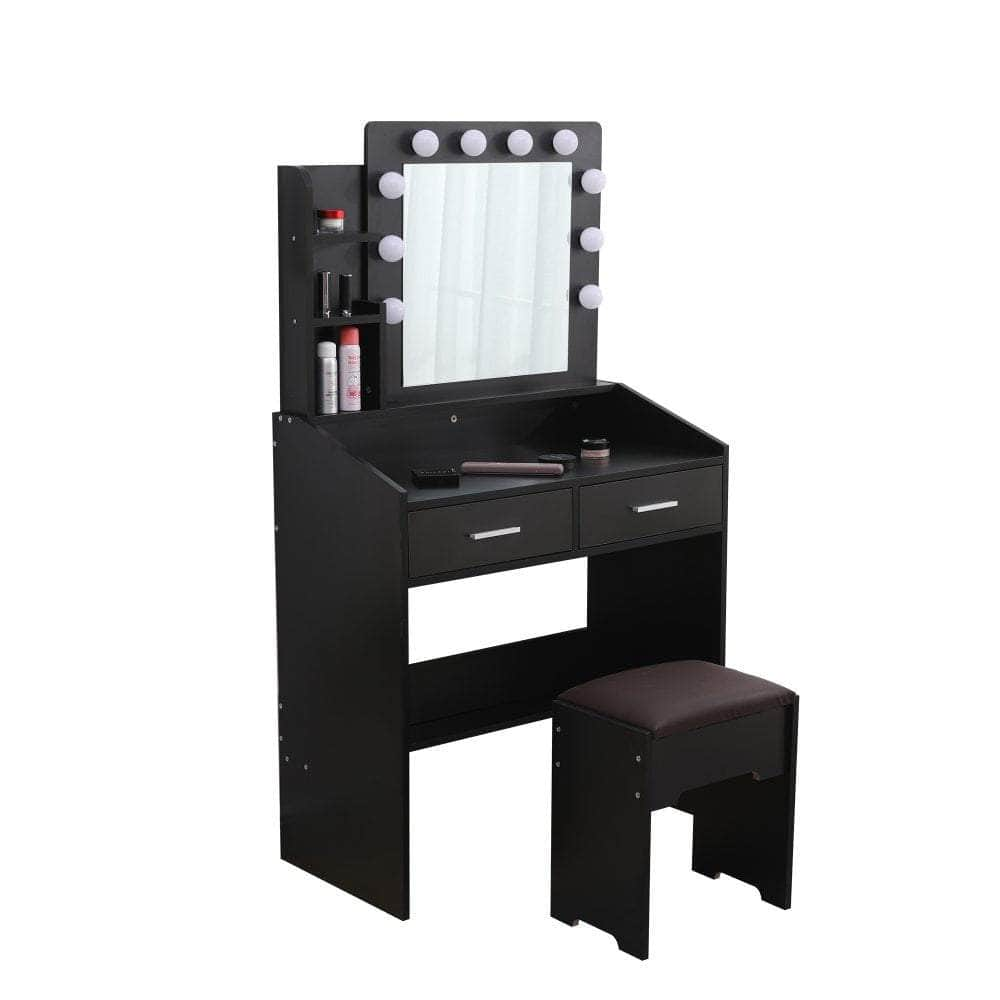 Vanity Set With Shelves Cushioned Stool And Lighted Mirror- Black