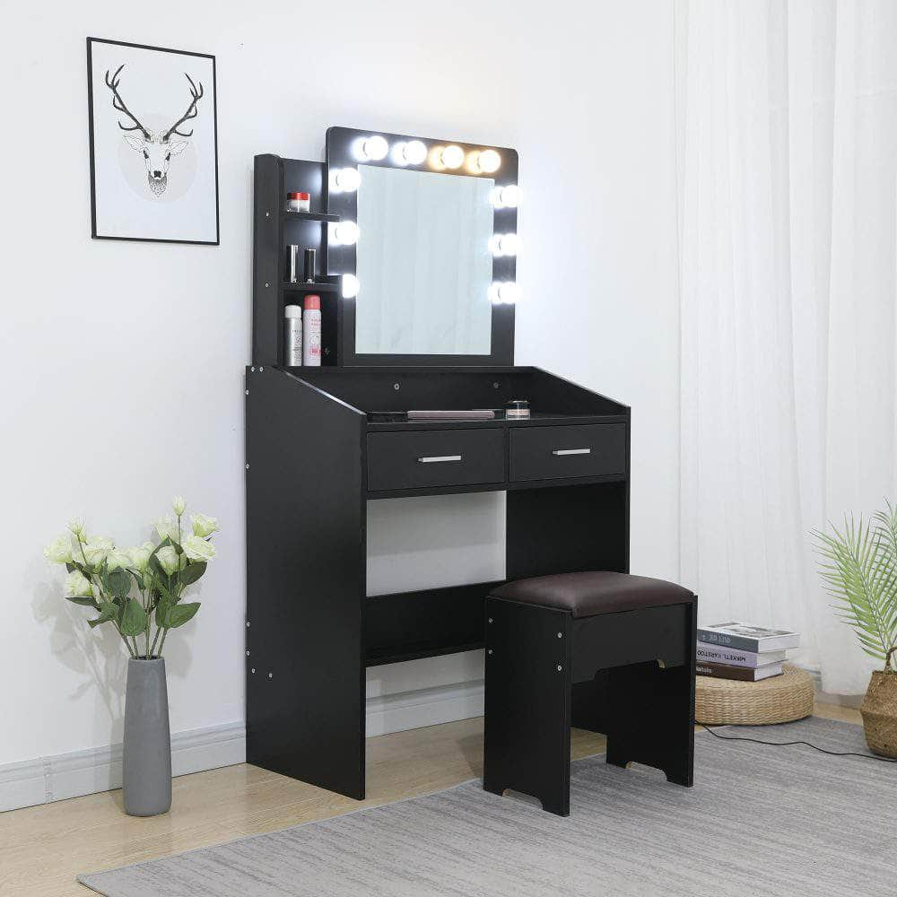 Vanity Set With Shelves Cushioned Stool And Lighted Mirror- Black