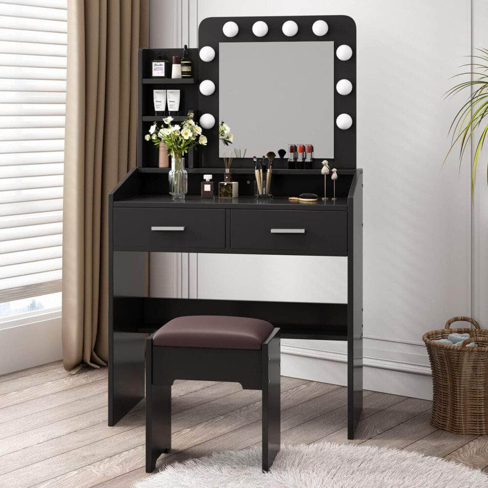 Vanity Set With Shelves Cushioned Stool And Lighted Mirror- Black