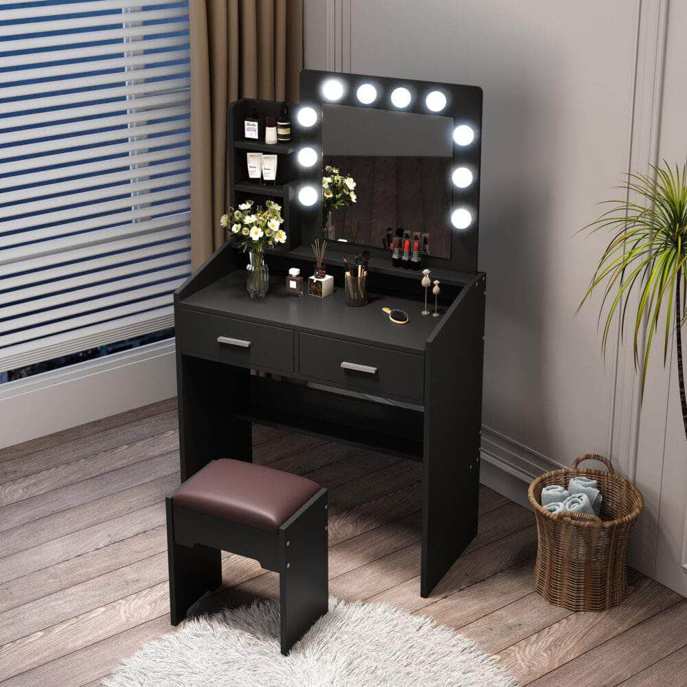 Vanity Set With Shelves Cushioned Stool And Lighted Mirror- Black