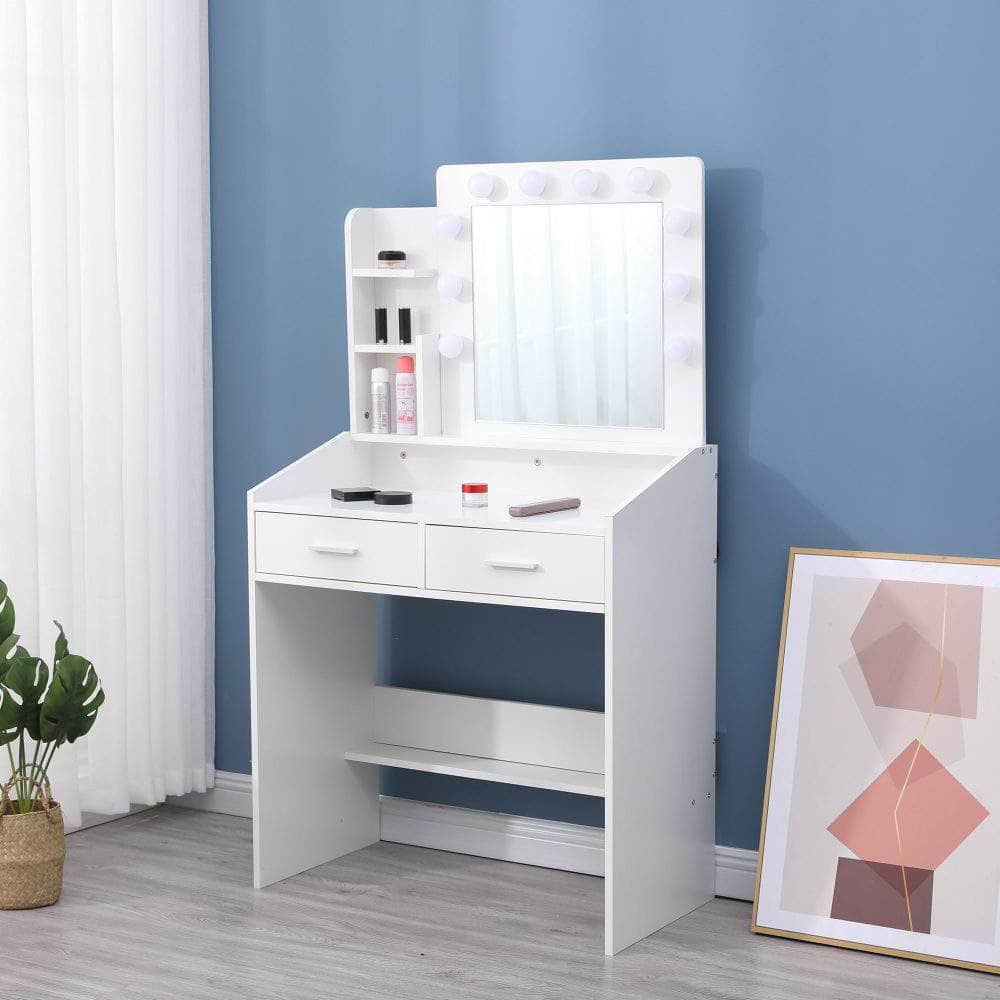 Vanity Set With Shelves Cushioned Stool And Lighted Mirror- White