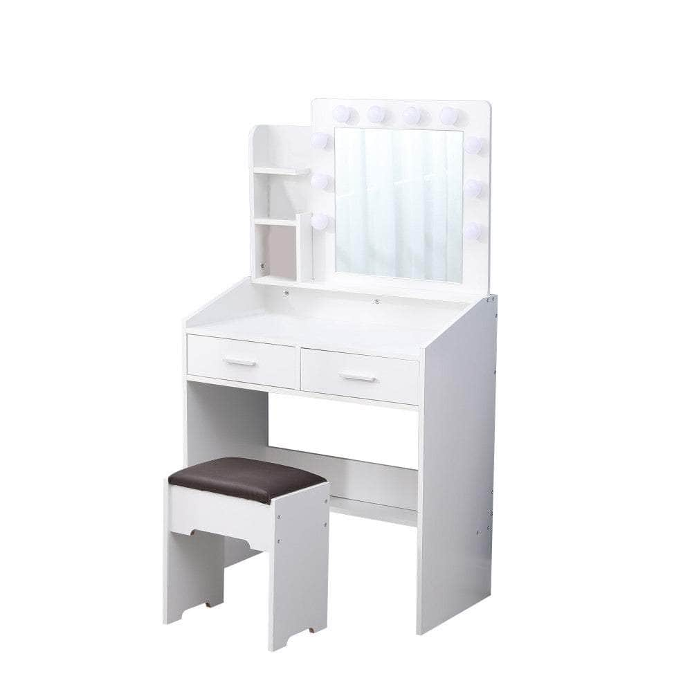 Vanity Set With Shelves Cushioned Stool And Lighted Mirror- White