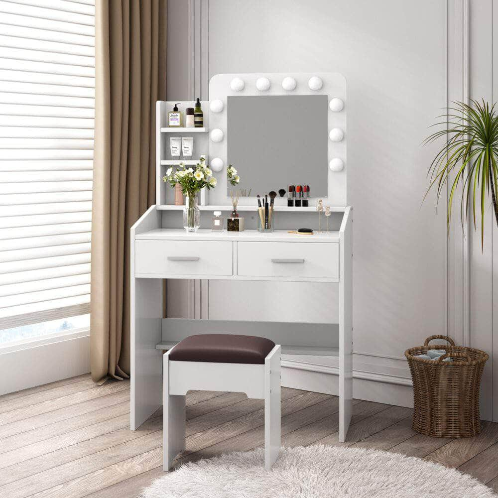 Vanity Set With Shelves Cushioned Stool And Lighted Mirror- White