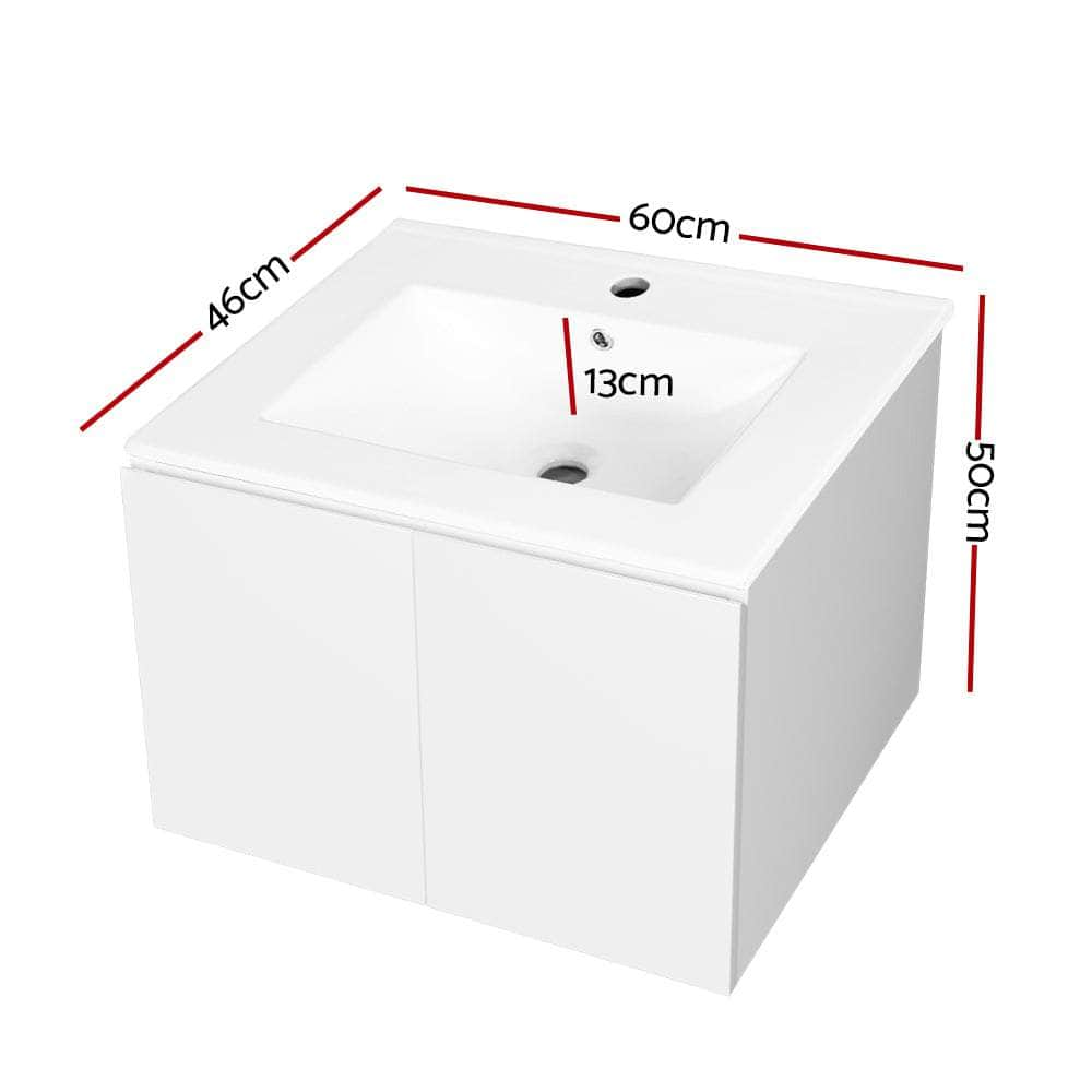 Vanity Unit Ceramic Basin Cabinet Storage Bathroom Wall Mounted 600mm White