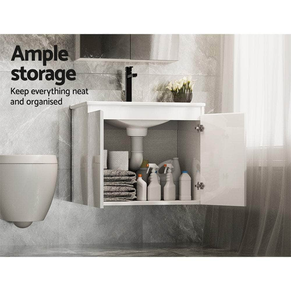 Vanity Unit Ceramic Basin Cabinet Storage Bathroom Wall Mounted 600mm White