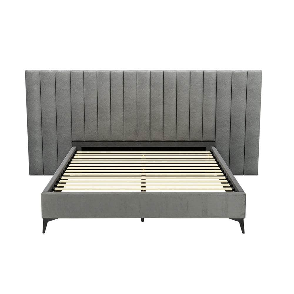 Velvet Fabric Grey Bed Frame with Oversized Headboard