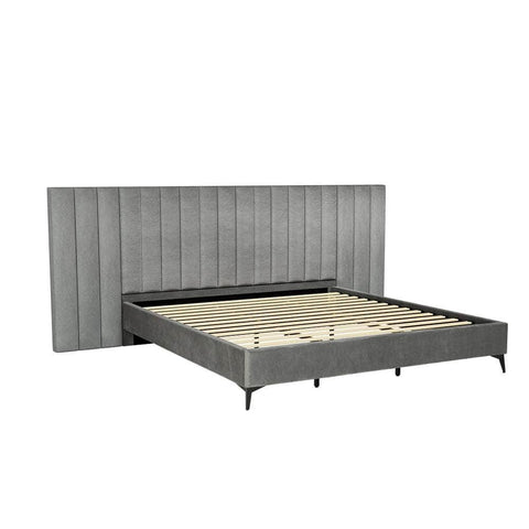 Velvet Fabric Grey Bed Frame with Oversized Headboard