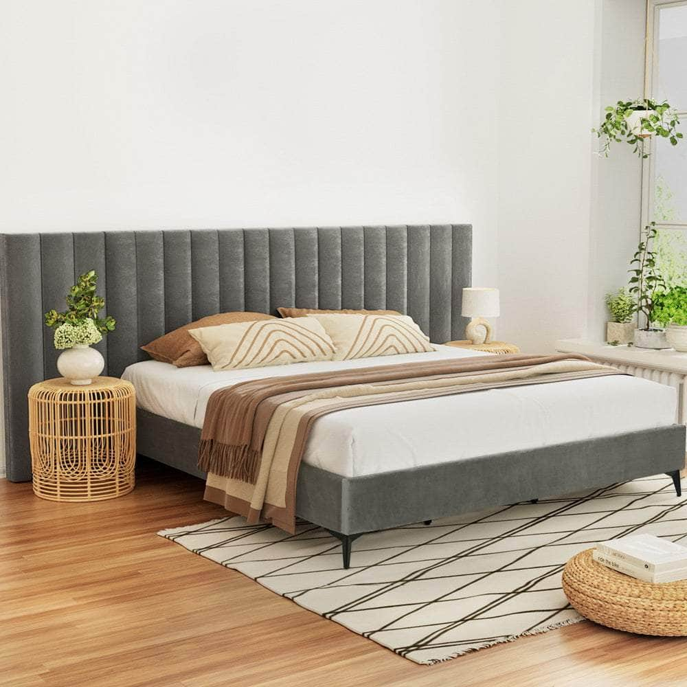 Velvet Fabric Grey Bed Frame with Oversized Headboard