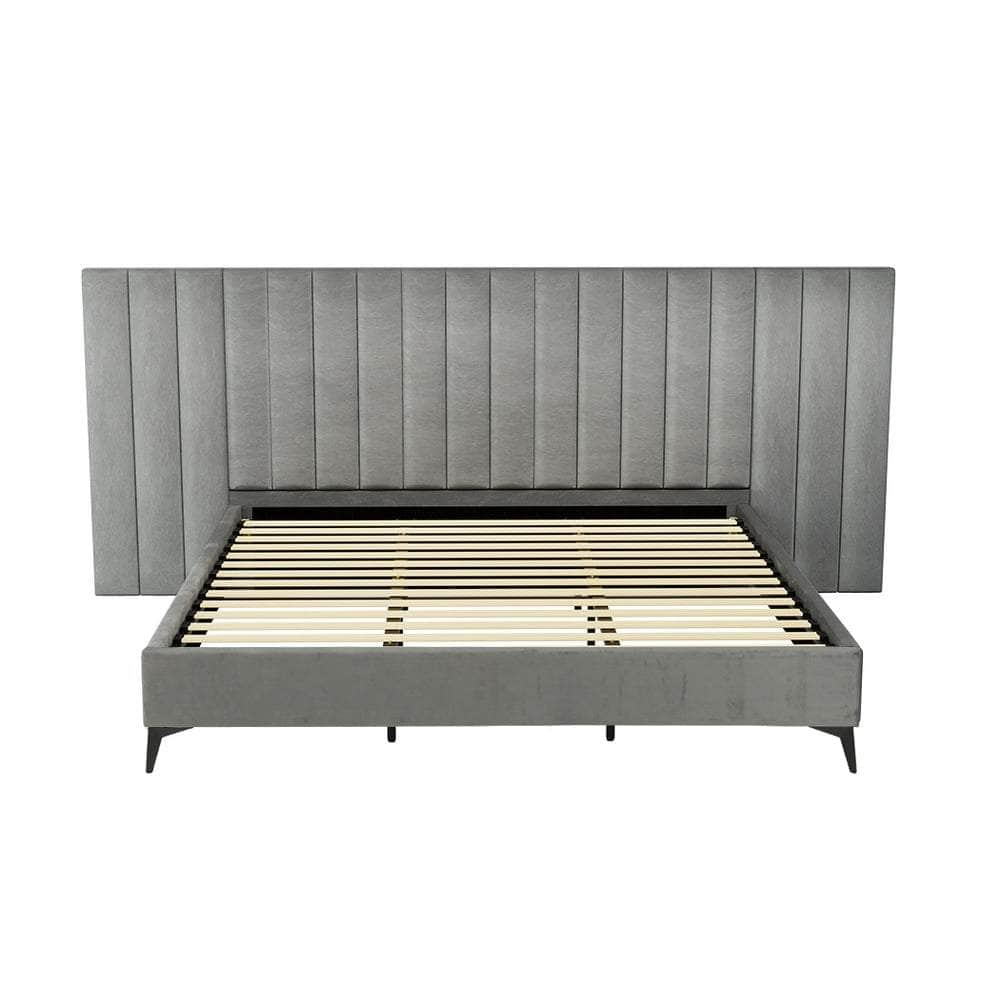 Velvet Fabric Grey Bed Frame with Oversized Headboard