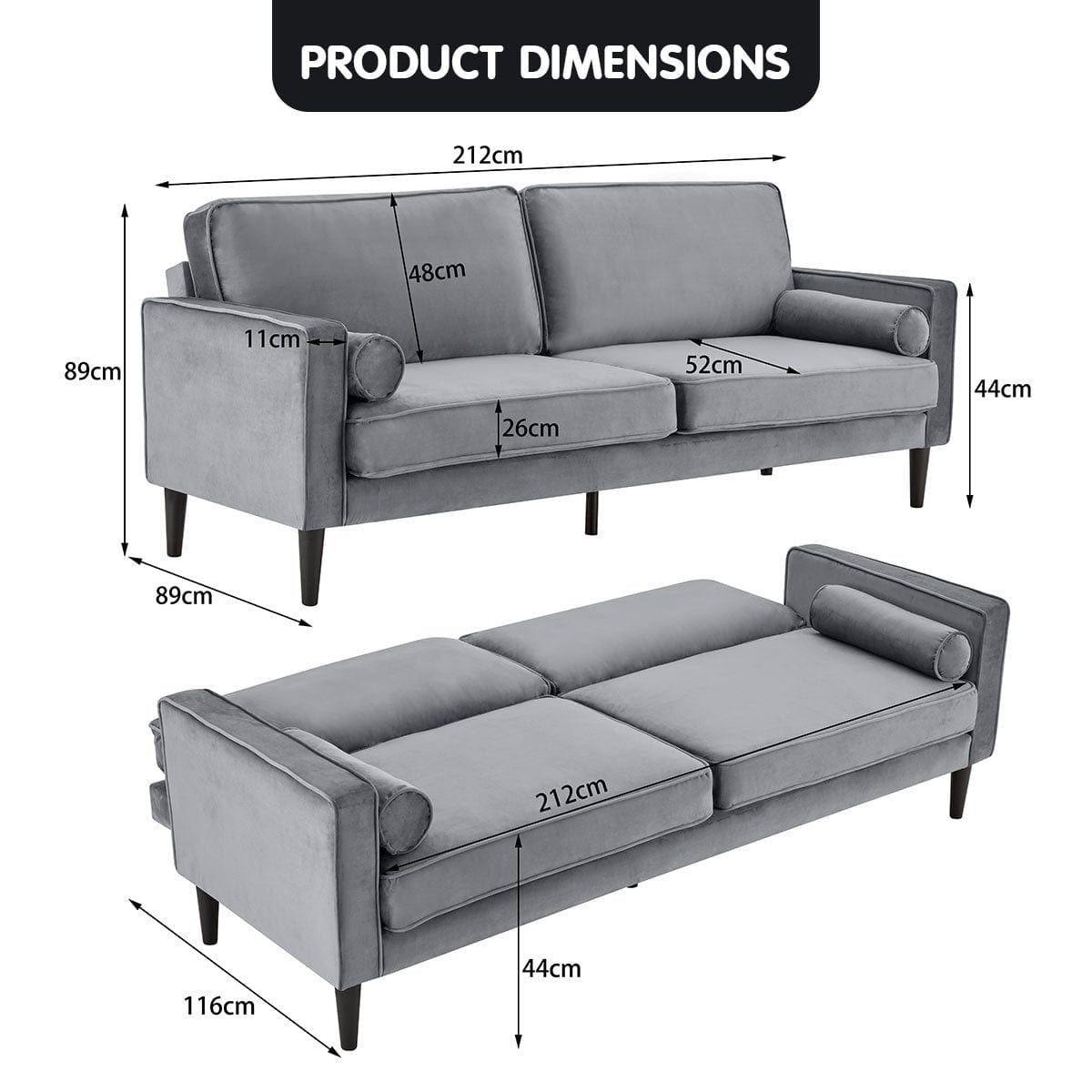 Velvet Sofa Bed Couch Furniture Lounge Suite Seat Grey