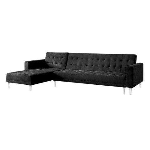 Velveteen Corner Wooden Sofa Bed Couch w/ Chaise Black